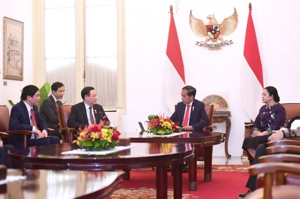 브엉 딘 후에 국회의장(왼쪽)이 조코 위도도 인도네시아 대통령과 회담을 갖고 2028년까지 양국 교역액을 Vietnamese National Assembly Chairman Vương Đình Huệ (left) had talks with Indonesian President Joko Widodo in Jakarta on Monday. — VNA/VNS Photo