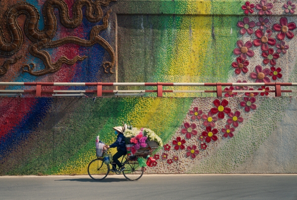 A woman flower vendor cycles past a ceramic wall in Hanoi. Photo by Nguyen Phuc Thanh